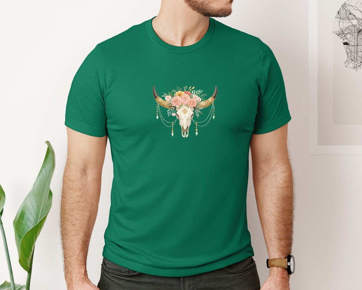 brand:Bella Canvas|color:Evergreen|Rose Flowers Western Bull Skull Longhorn 5 Graphic T-Shirt