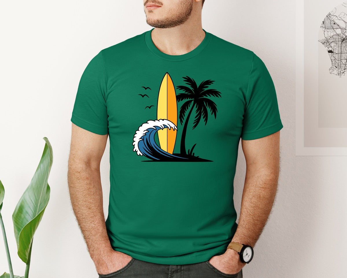 brand:Bella Canvas|color:Evergreen|Surfboard With Ocean Wave And Palm Tree Graphic T-Shirt