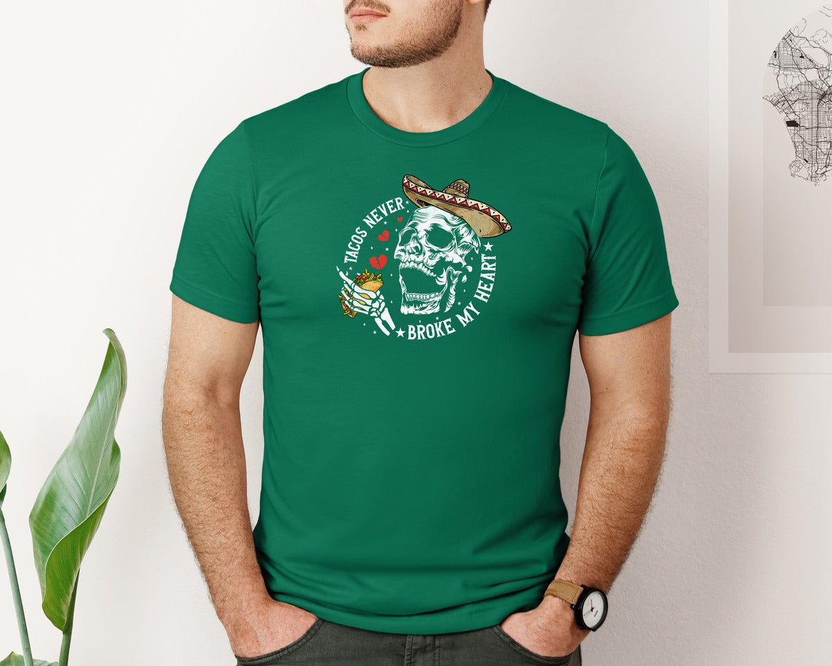 brand:Bella Canvas|color:Evergreen|Tacos Never Broke My Heart Skeleton Graphic T-Shirt