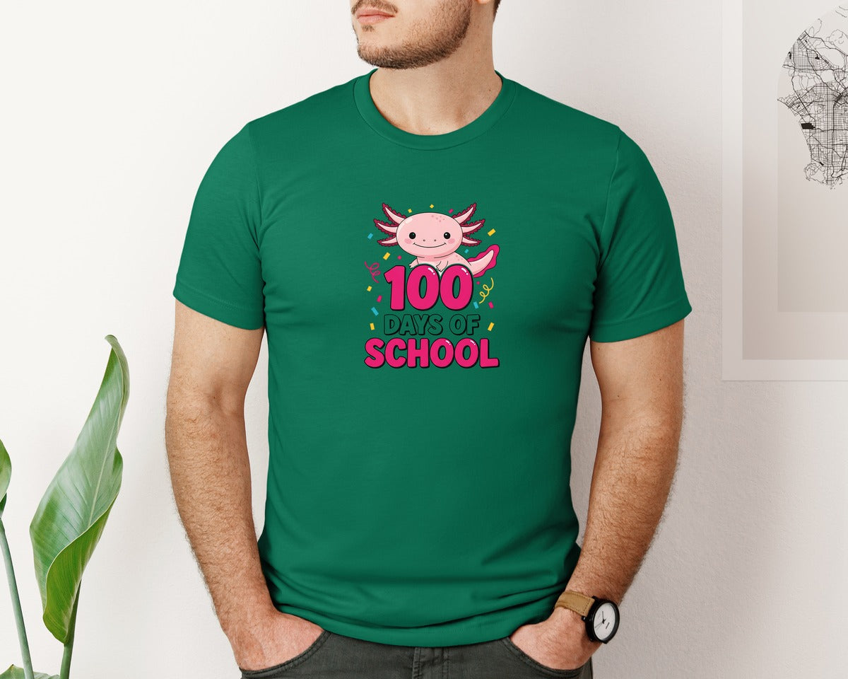 brand:Bella Canvas|color:Evergreen|100 Days Of School Axolotl 2 Graphic T-Shirt