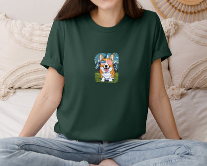 brand:Bella Canvas|color:Forest Green|Corgi American Flag 4Th Of July Graphic T-Shirt