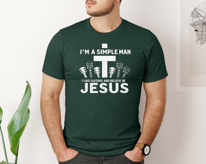 brand:Bella Canvas|color:Forest Green|Christian Guitar Im A Simple Man Graphic T-Shirt