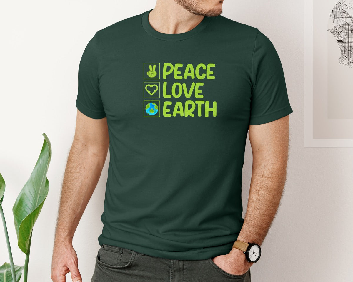 brand:Bella Canvas|color:Forest Green|Peace Love Earth T Shirt Graphic T-Shirt