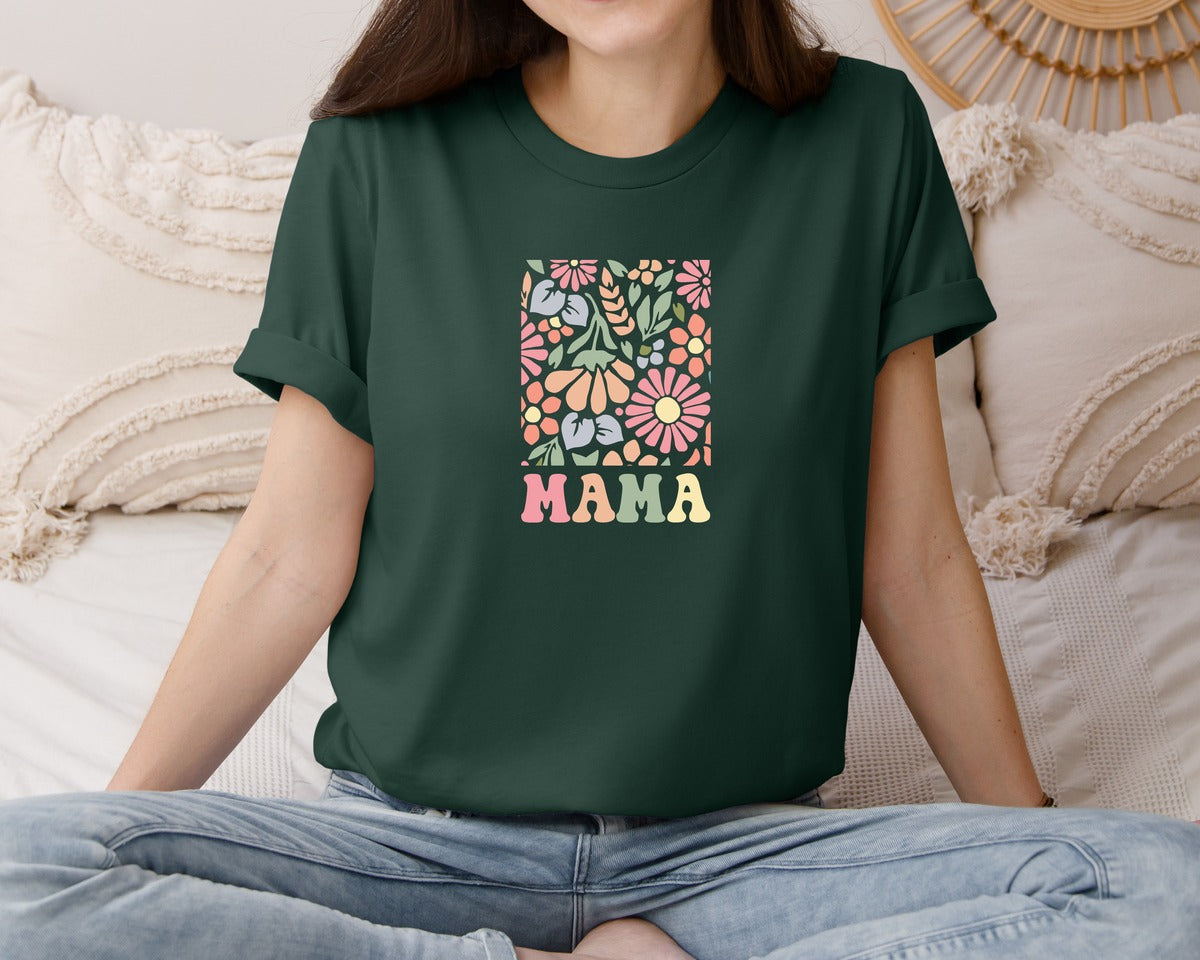 brand:Bella Canvas|color:Forest Green|Boho Floral Mama Mama Flower Graphic T-Shirt