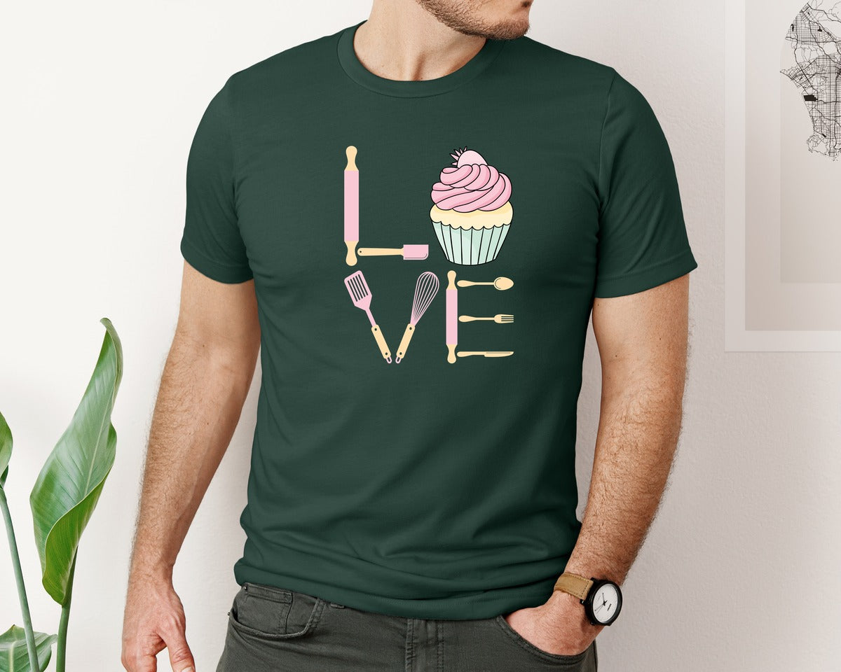 brand:Bella Canvas|color:Forest Green|Baking Love Cupcake Whisk Spatula Graphic T-Shirt