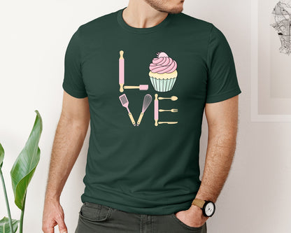 brand:Bella Canvas|color:Forest Green|Baking Love Cupcake Whisk Spatula Graphic T-Shirt