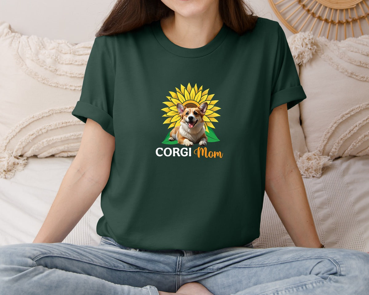 brand:Bella Canvas|color:Forest Green|Corgi Mom Sunflower Graphic T-Shirt