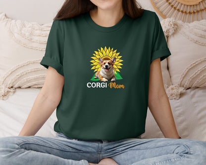 brand:Bella Canvas|color:Forest Green|Corgi Mom Sunflower Graphic T-Shirt