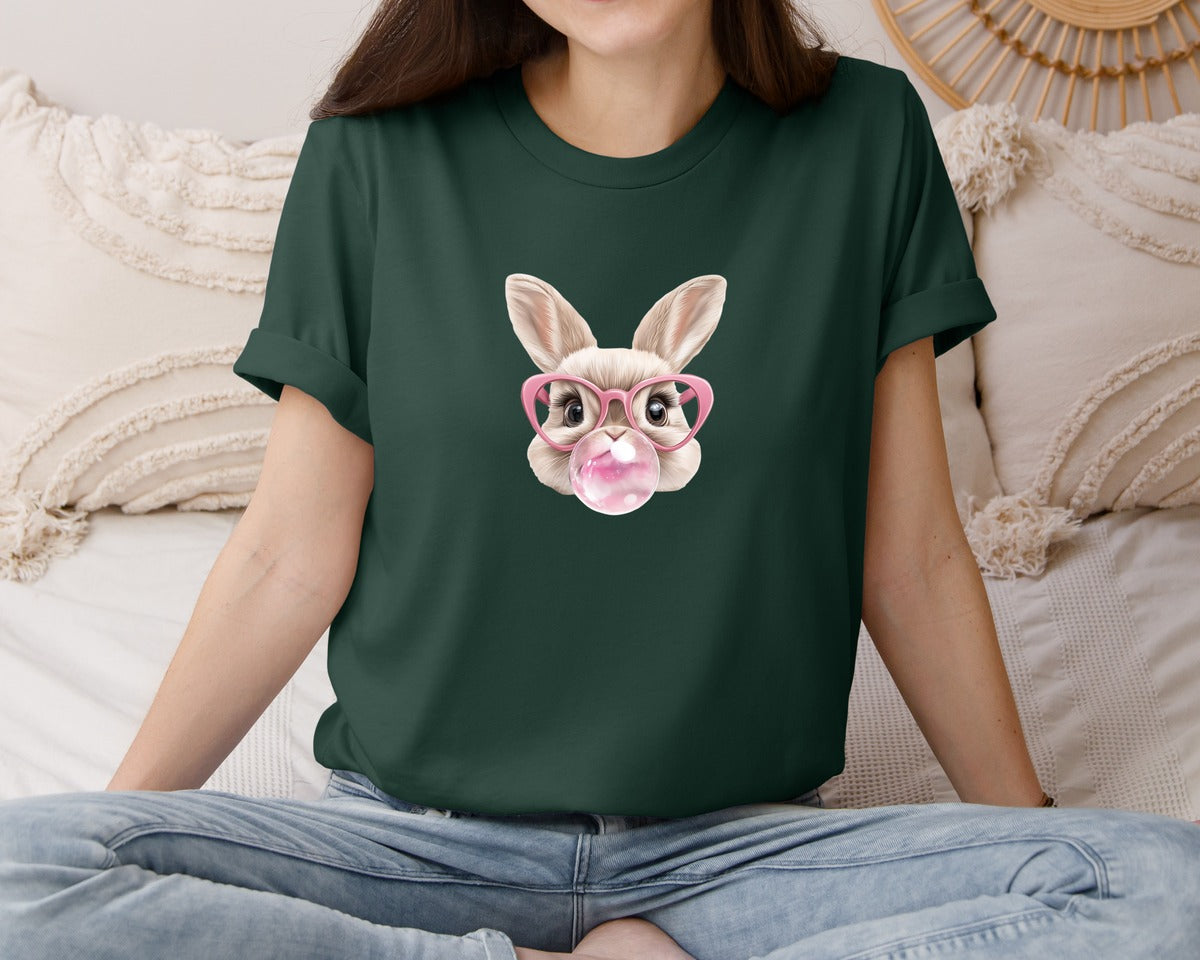 brand:Bella Canvas|color:Forest Green|Easter Bunny Coquette Bunny Blowing 3 Graphic T-Shirt