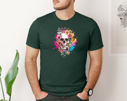 brand:Bella Canvas|color:Forest Green|Floral Skull Watercolor Skull Shirt Graphic T-Shirt