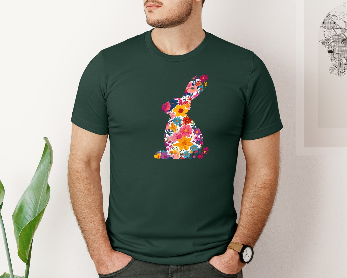 brand:Bella Canvas|color:Forest Green|Floral Bunny Easter Rabbit Graphic T-Shirt