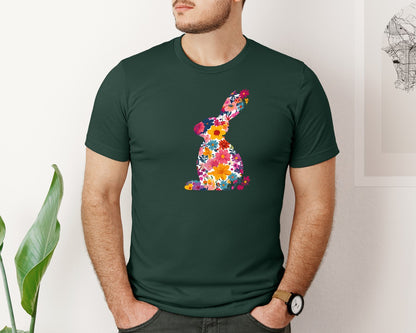 brand:Bella Canvas|color:Forest Green|Floral Bunny Easter Rabbit Graphic T-Shirt