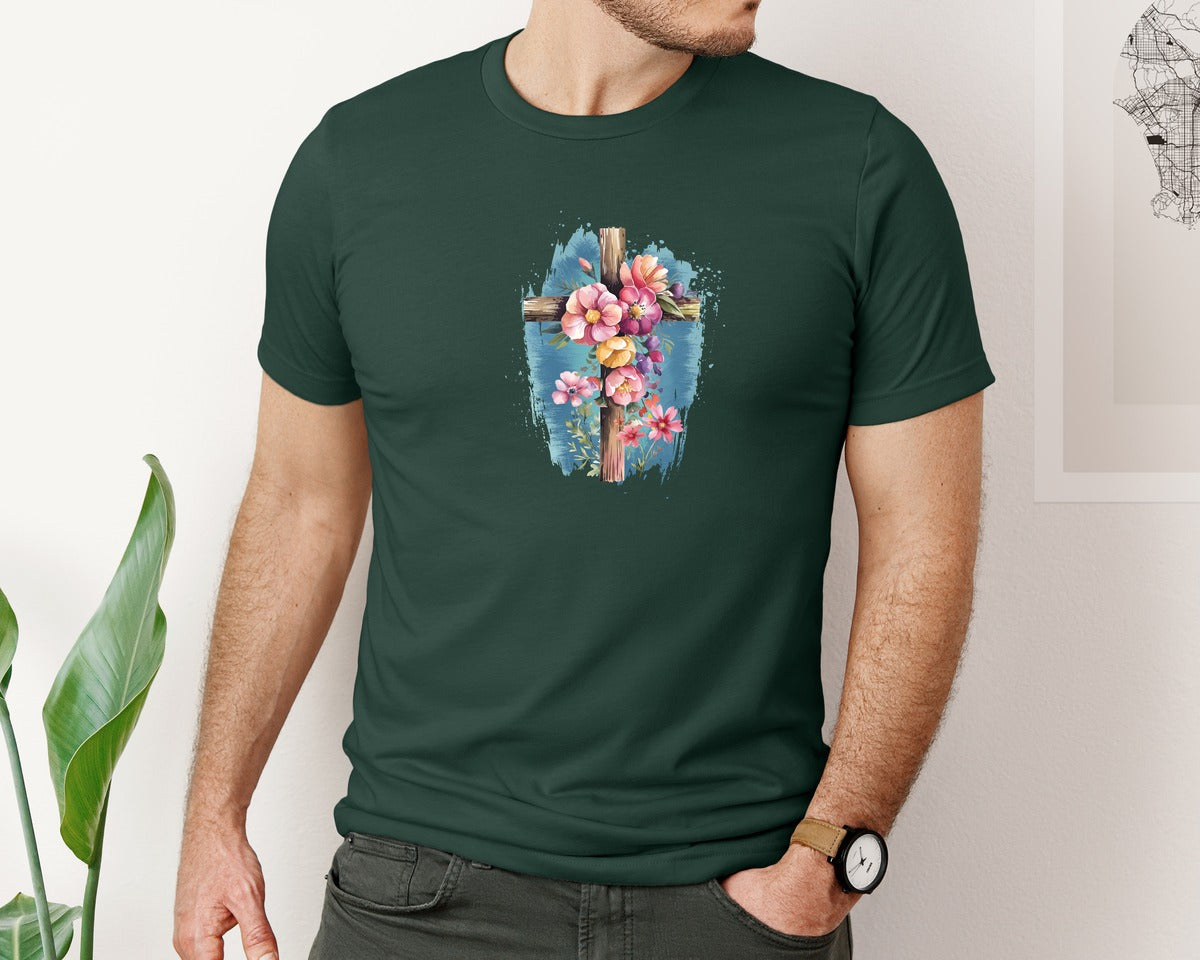 brand:Bella Canvas|color:Forest Green|Floral Christian Cross Graphic T-Shirt