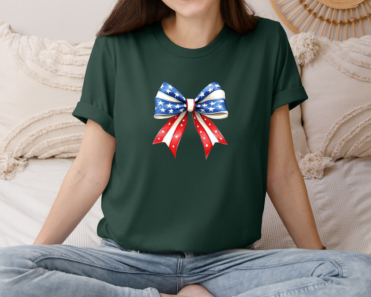 brand:Bella Canvas|color:Forest Green|4Th Of July Bow Design T Shirt 7 Graphic T-Shirt