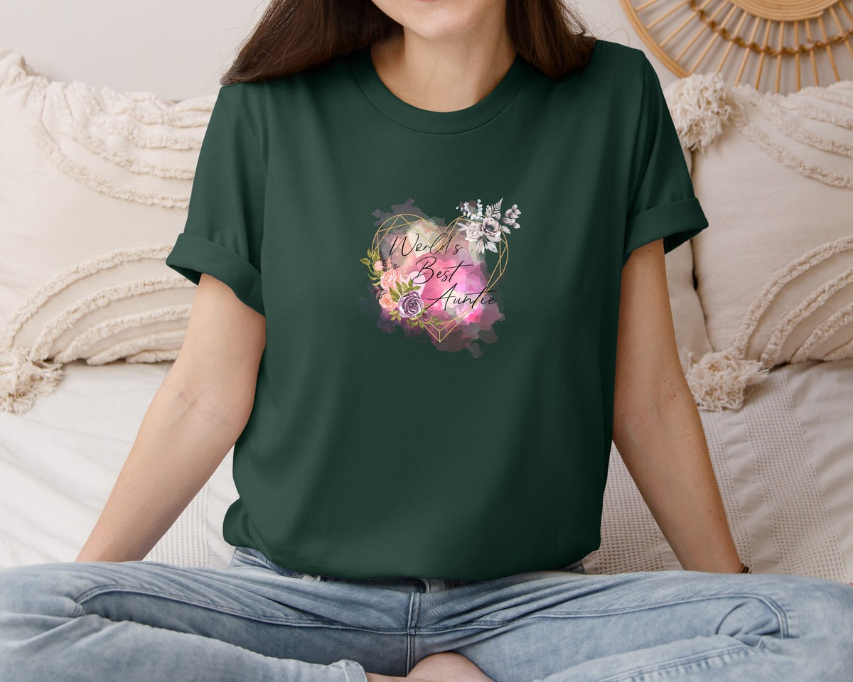 brand:Bella Canvas|color:Forest Green|Worlds Best Auntie Heart Graphic T-Shirt