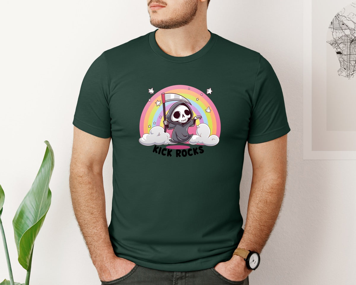 brand:Bella Canvas|color:Forest Green|Kick Rocks Cute Grim Reaper Graphic T-Shirt