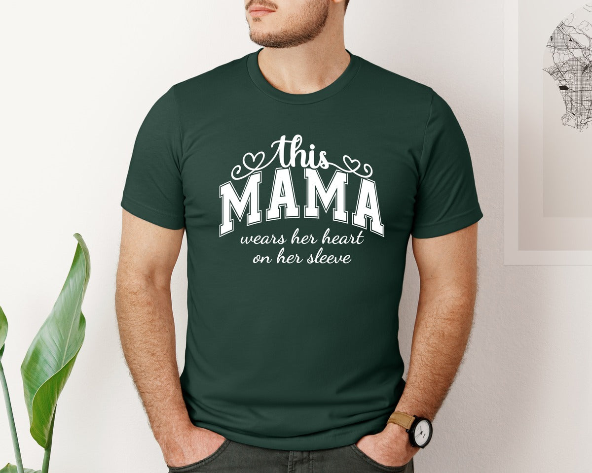brand:Bella Canvas|color:Forest Green|This Mama Wears Her Heart On Her Sleeve 74 Graphic T-Shirt