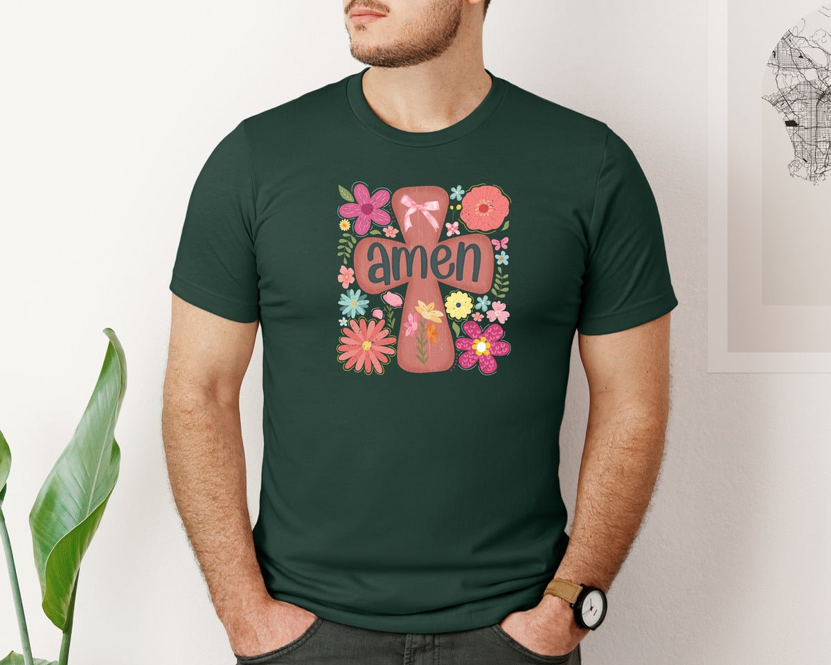 brand:Bella Canvas|color:Forest Green|Boho Floral Amen Christian Graphic T-Shirt