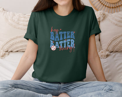 brand:Bella Canvas|color:Forest Green|Retro Baseball Hey Batter Batter Swing Graphic T-Shirt