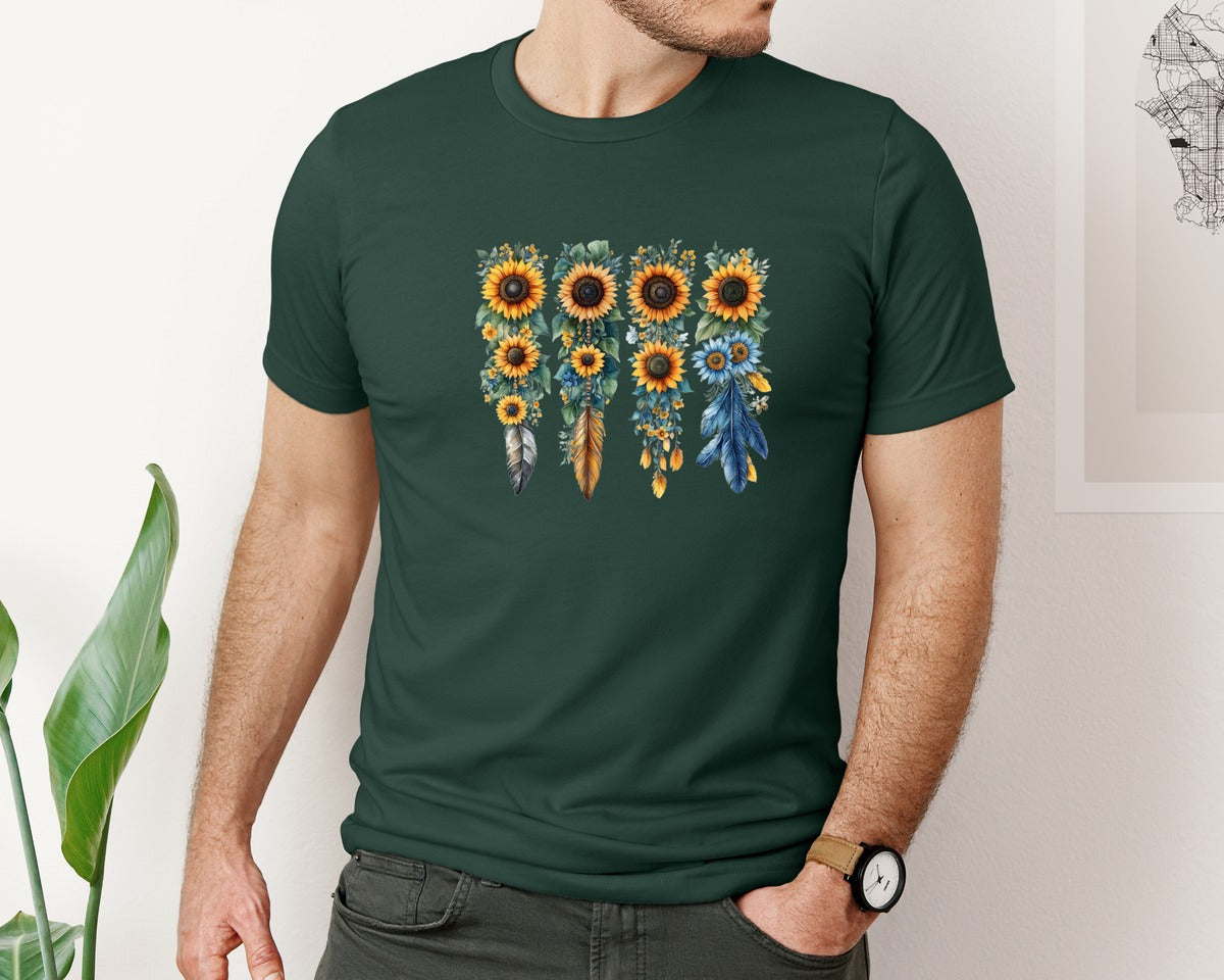 brand:Bella Canvas|color:Forest Green|Boho Wildflowers Feathers Flowers Graphic T-Shirt