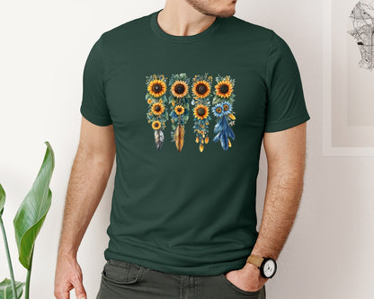 brand:Bella Canvas|color:Forest Green|Boho Wildflowers Feathers Flowers Graphic T-Shirt