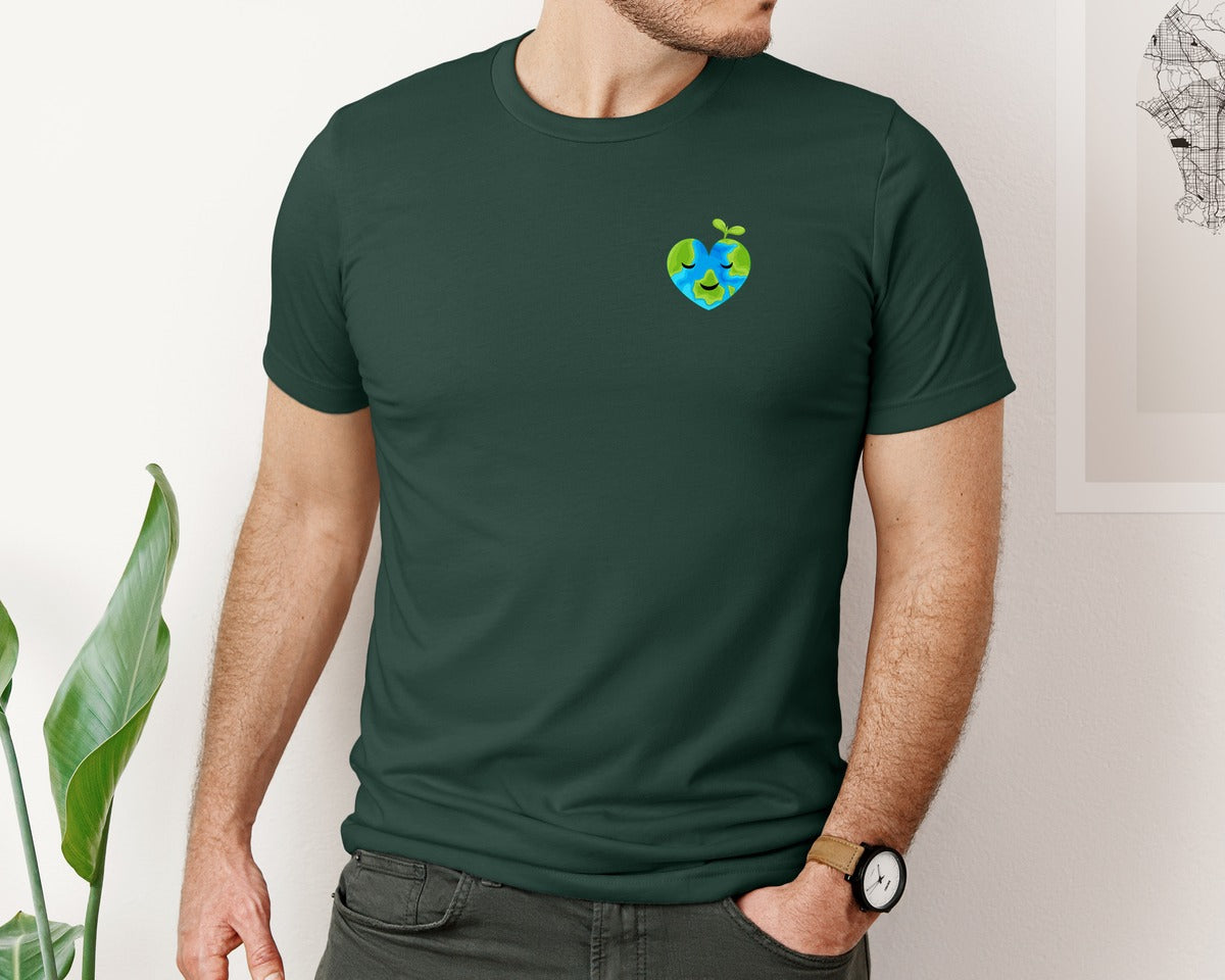 brand:Bella Canvas|color:Forest Green|Love Heart Earth Globe Pocket Design Graphic T-Shirt