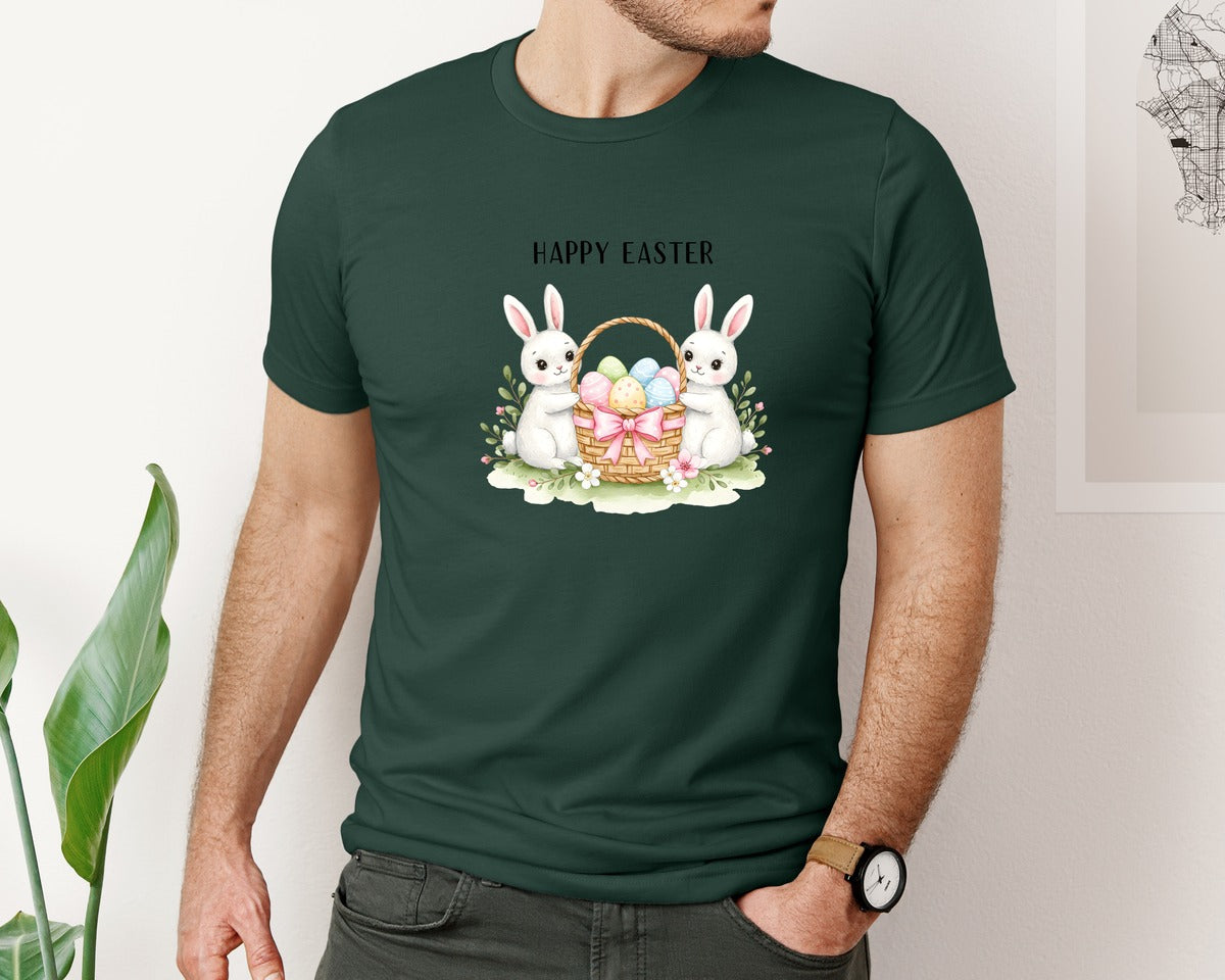 brand:Bella Canvas|color:Forest Green|Happy Easter Bunnies With Basket Cu Graphic T-Shirt