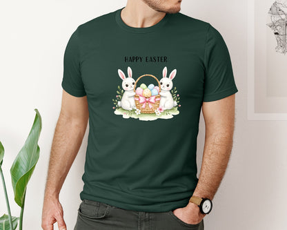 brand:Bella Canvas|color:Forest Green|Happy Easter Bunnies With Basket Cu Graphic T-Shirt