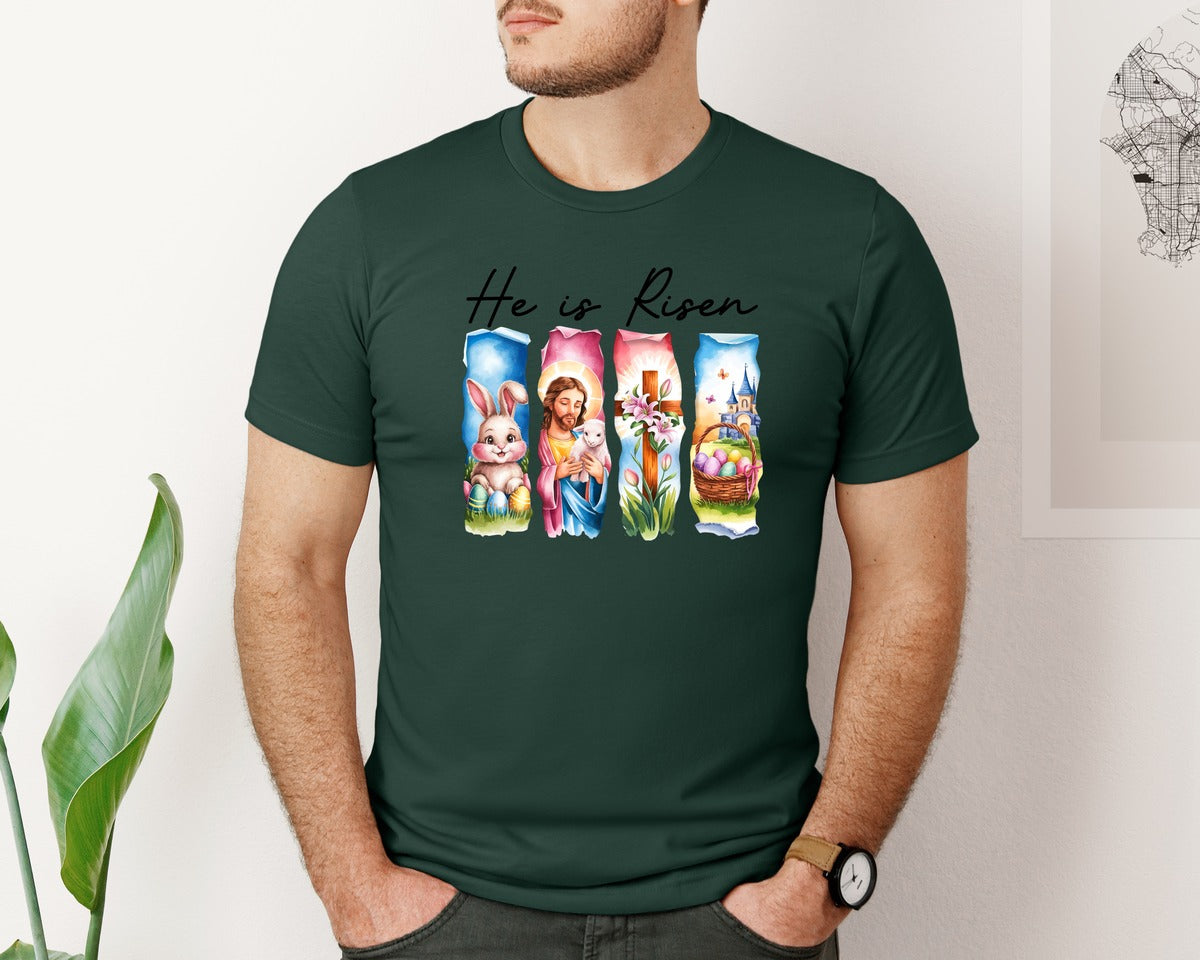 brand:Bella Canvas|color:Forest Green|He Is Risen Easter Jesus Christian Graphic T-Shirt