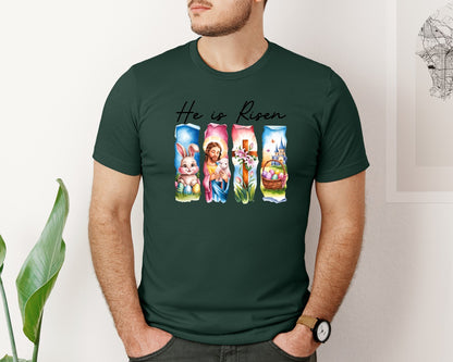 brand:Bella Canvas|color:Forest Green|He Is Risen Easter Jesus Christian Graphic T-Shirt