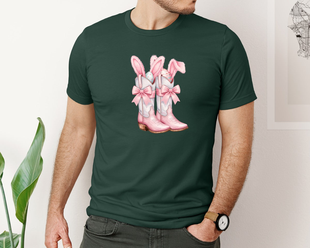 brand:Bella Canvas|color:Forest Green|Howdy Western Easter Bunny Cowboy Boots Graphic T-Shirt