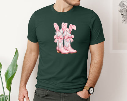 brand:Bella Canvas|color:Forest Green|Howdy Western Easter Bunny Cowboy Boots Graphic T-Shirt