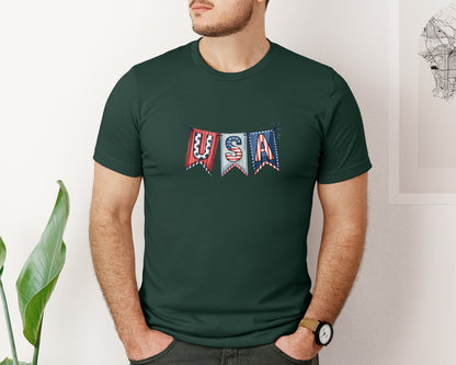 brand:Bella Canvas|color:Forest Green|Usa Pennant Banner 4Th Of July Graphic T-Shirt
