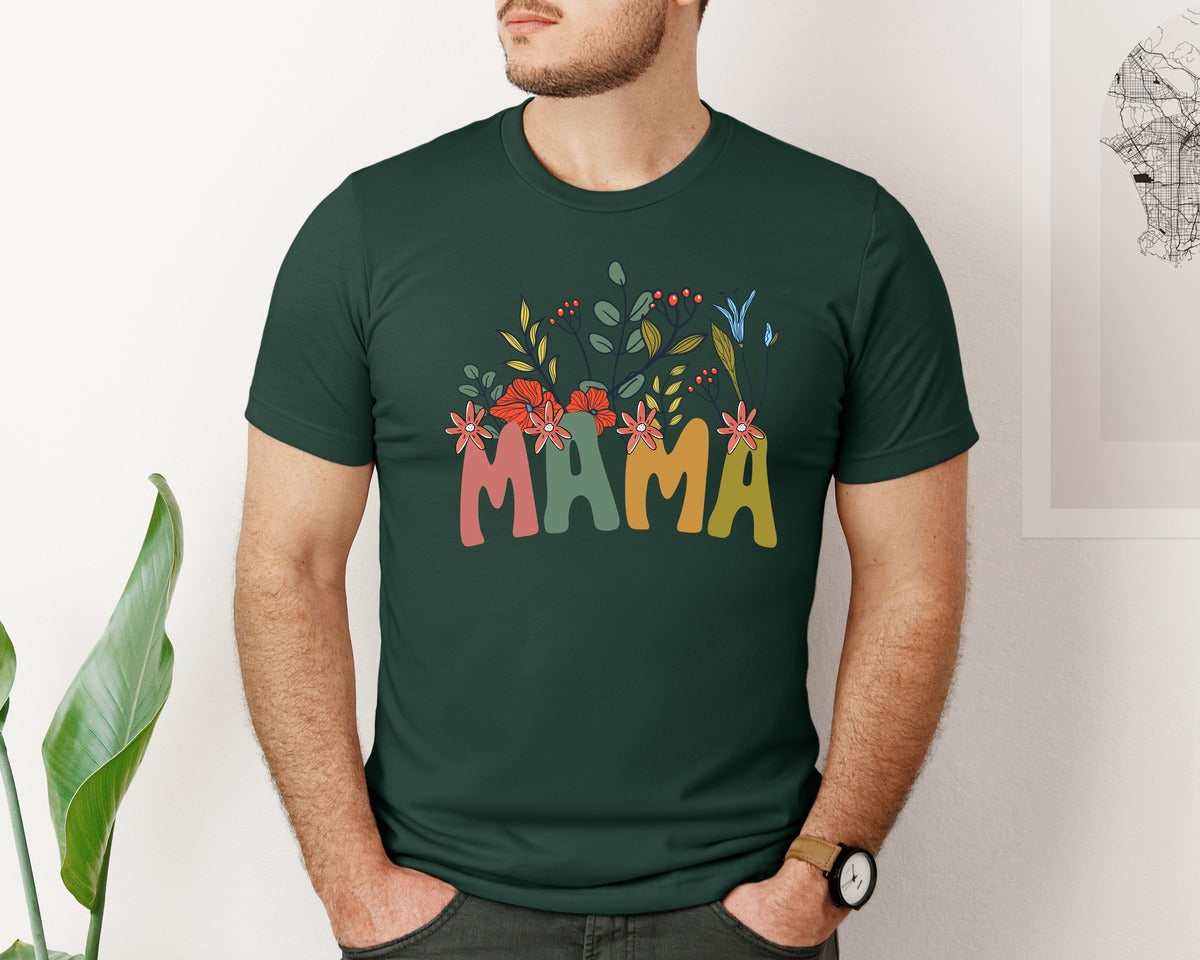 brand:Bella Canvas|color:Forest Green|Mama Shirt Wildflowers Mama Shirt Graphic T-Shirt