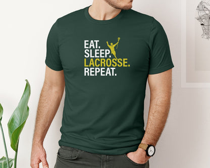 brand:Bella Canvas|color:Forest Green|Eat Sleep Lacrosse Repeat Sports Team Graphic T-Shirt