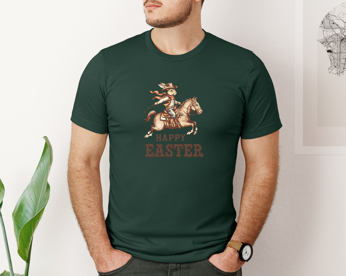 brand:Bella Canvas|color:Forest Green|Happy Easter Western Cowboy Bunny Ostern 2 Graphic T-Shirt