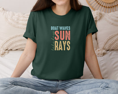 brand:Bella Canvas|color:Forest Green|Boat Waves Sun Ray Lake Days Summer Graphic T-Shirt
