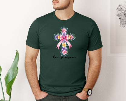 brand:Bella Canvas|color:Forest Green|Watercolor Cross Easter Bible Verse Graphic T-Shirt