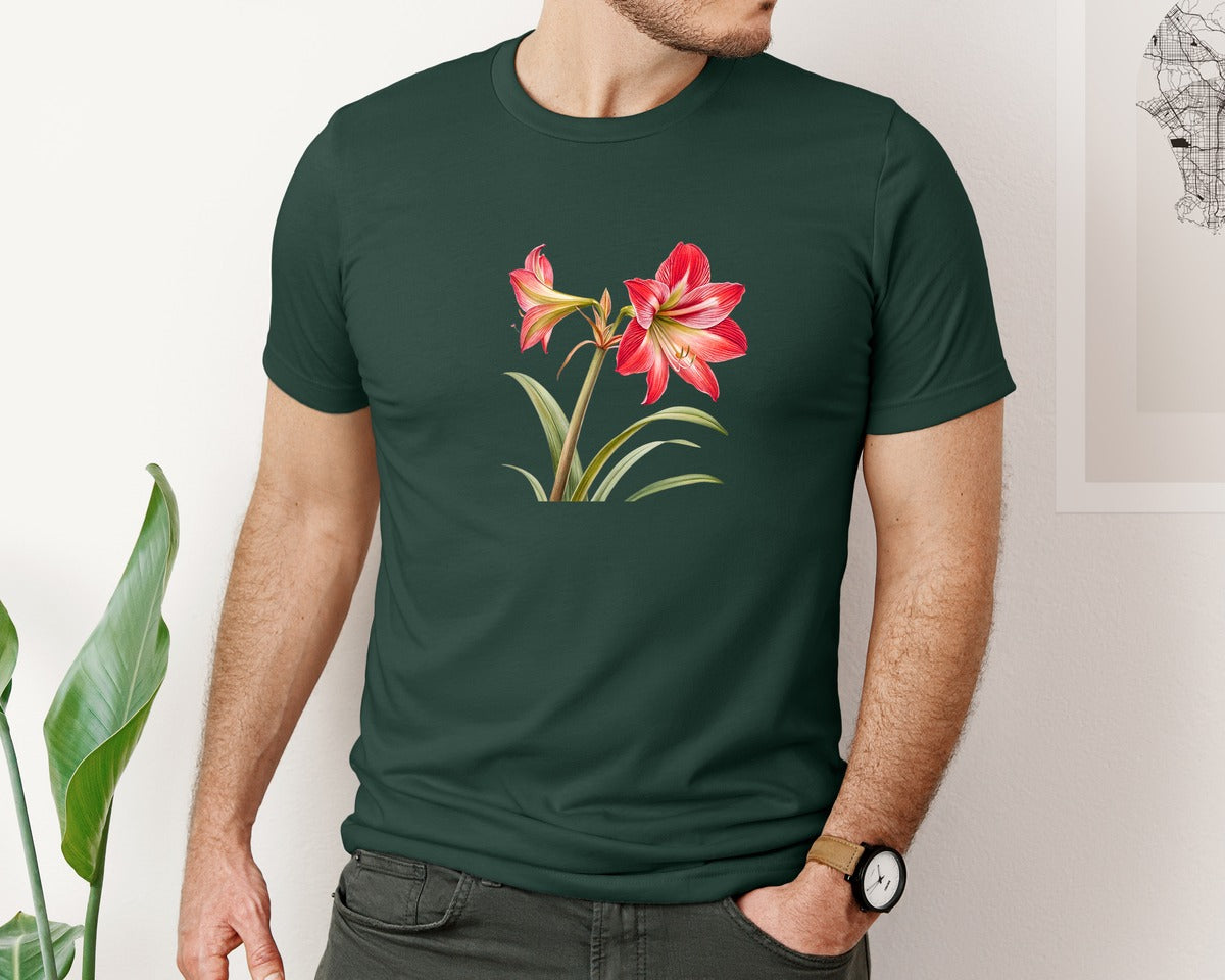 brand:Bella Canvas|color:Forest Green|Red Amaryllis Flower T Shirt Design Graphic T-Shirt