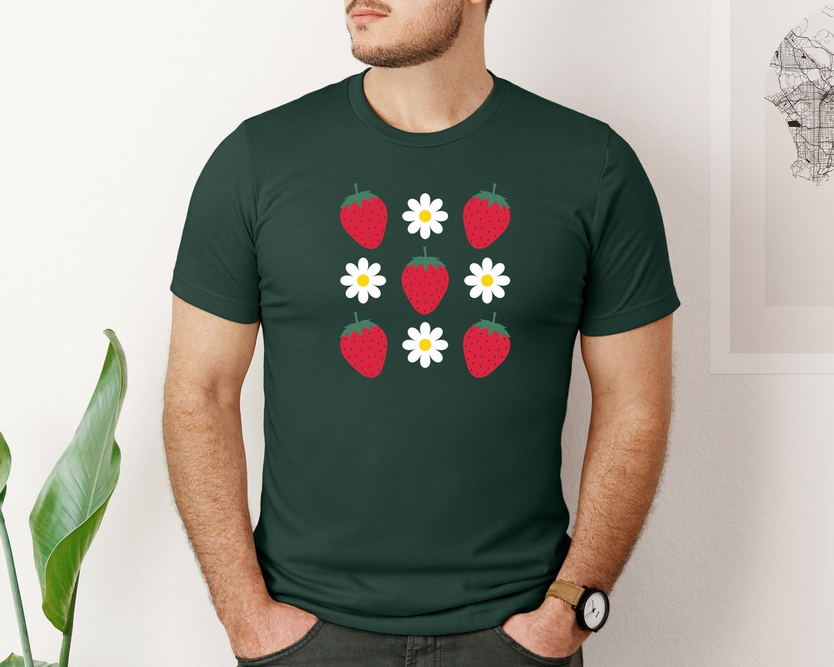 brand:Bella Canvas|color:Forest Green|Retro Summer Strawberry Daisy Graphic T-Shirt