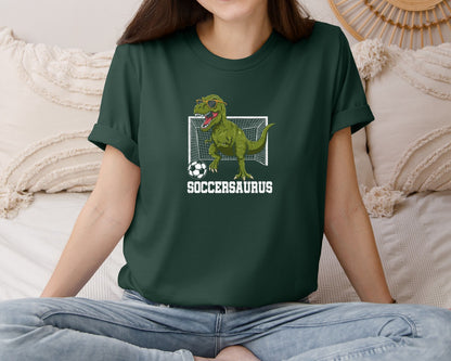 brand:Bella Canvas|color:Forest Green|T Rex Playing Soccer T Shirt Graphic T-Shirt