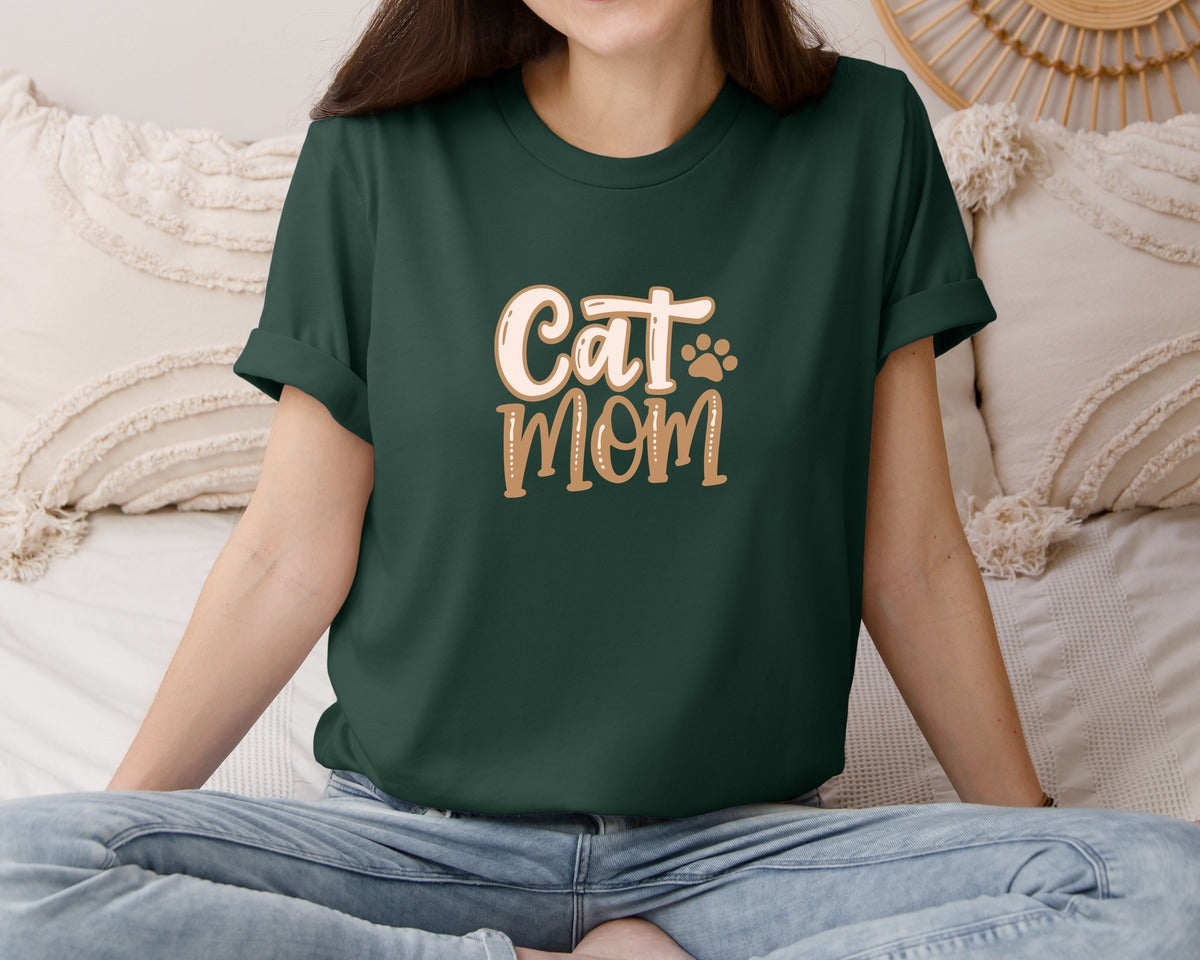 brand:Bella Canvas|color:Forest Green|Cat Mom Cute Crazy Cat Lady Quote Graphic T-Shirt