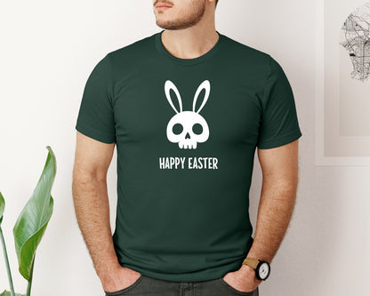 brand:Bella Canvas|color:Forest Green|Gothic Creepy Easter Bunny Skull Irony Graphic T-Shirt