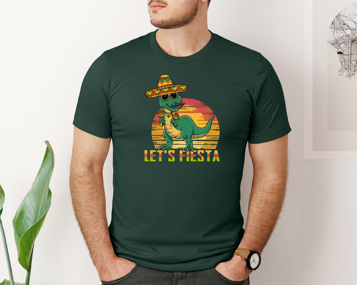 brand:Bella Canvas|color:Forest Green|Lets Fiesta Dinosaur Cinco De Mayo Graphic T-Shirt
