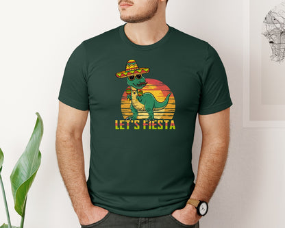 brand:Bella Canvas|color:Forest Green|Lets Fiesta Dinosaur Cinco De Mayo Graphic T-Shirt