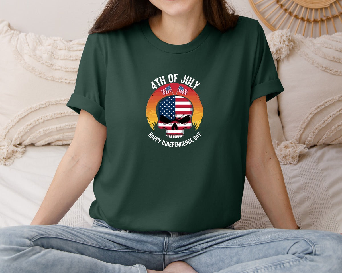 brand:Bella Canvas|color:Forest Green|4Th Of July American Skull Sunset Indepe Graphic T-Shirt