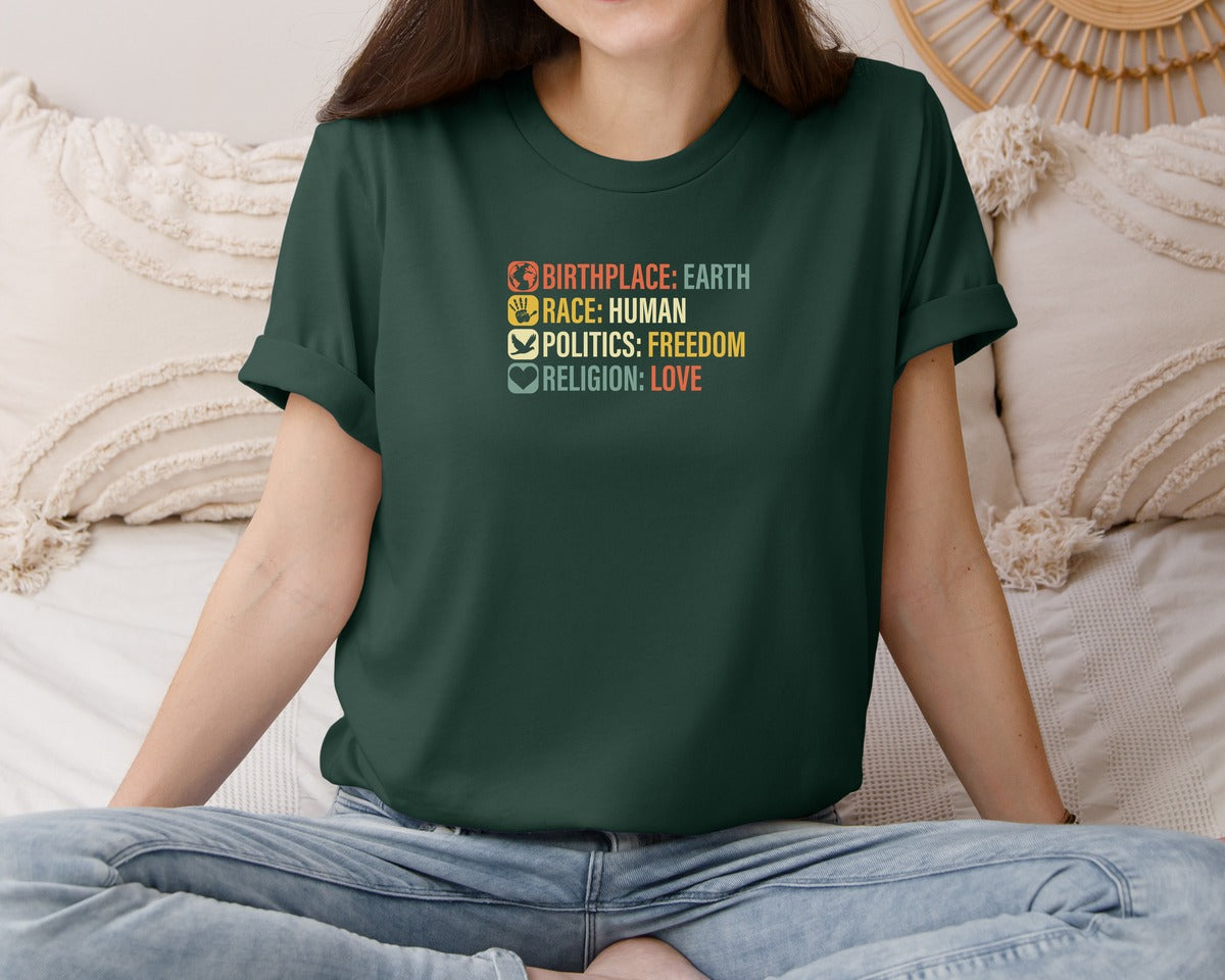brand:Bella Canvas|color:Forest Green|Birthplace Earth Race Human Politics 4 Graphic T-Shirt