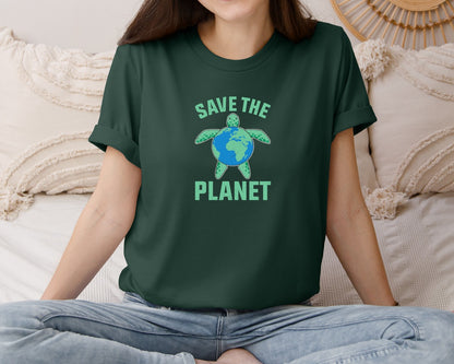 brand:Bella Canvas|color:Forest Green|Save The Planet Turtle Earth Globe Graphic T-Shirt