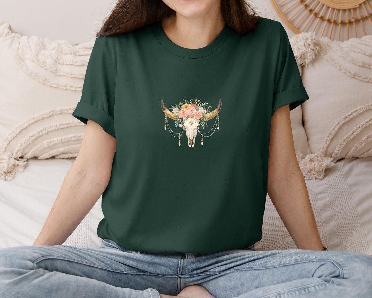 brand:Bella Canvas|color:Forest Green|Rose Flowers Western Bull Skull Longhorn 5 Graphic T-Shirt