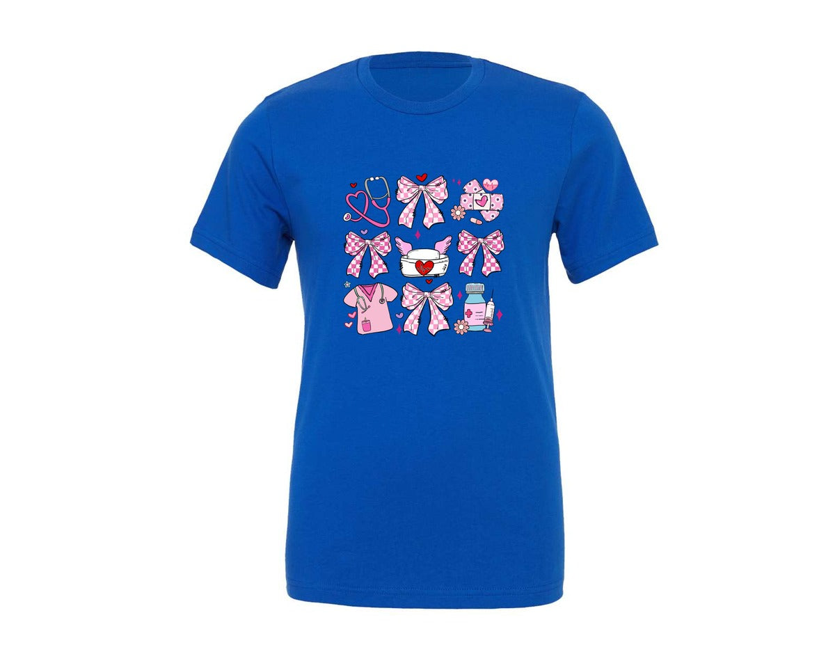 brand:Generic|color:True Royal Blue|nurse-valentine-pink-coquette-medical-graphic-t-shirt
